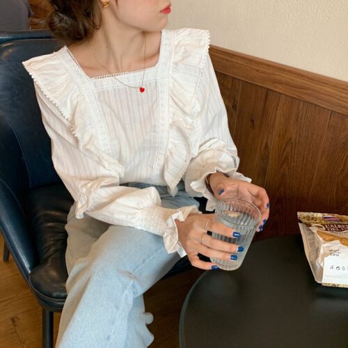 Spring / Autumn Korean Square Collar Lantern Sleeves Ruffles White Blouse - Image 5