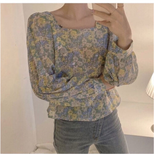Spring / Autumn Square Collar Long Sleeves Floral Blouse - Image 3