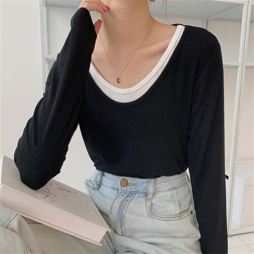Spring / Autumn O-Neck Long Sleeves Fake Two-Piece Loose T-Shirt - Image 3