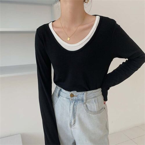 Spring / Autumn O-Neck Long Sleeves Fake Two-Piece Loose T-Shirt - Image 4