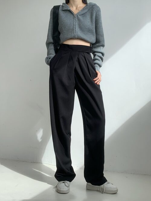 Spring / Autumn High Waist Magic Tape Straight Solid Pants - Image 2