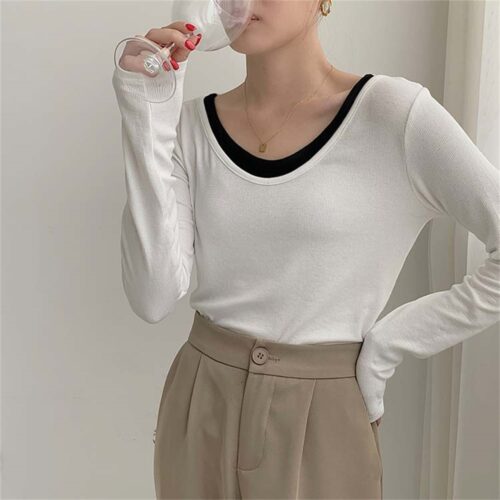Spring / Autumn O-Neck Long Sleeves Fake Two-Piece Loose T-Shirt - Image 5