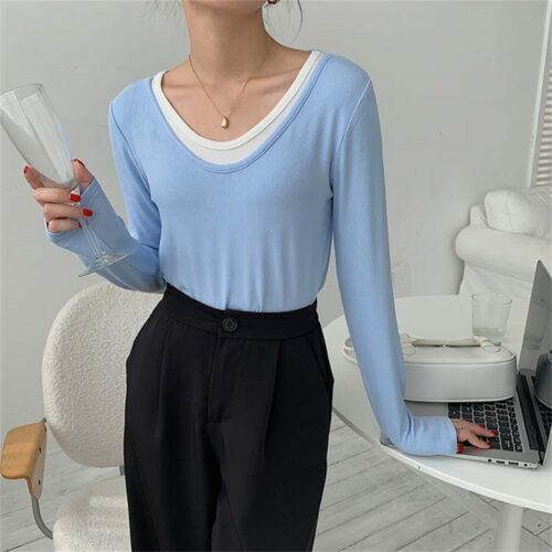 Spring / Autumn O-Neck Long Sleeves Fake Two-Piece Loose T-Shirt - Image 6
