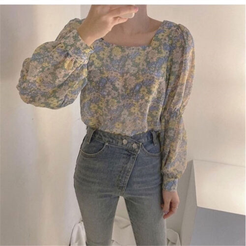 Spring / Autumn Square Collar Long Sleeves Floral Blouse - Image 2