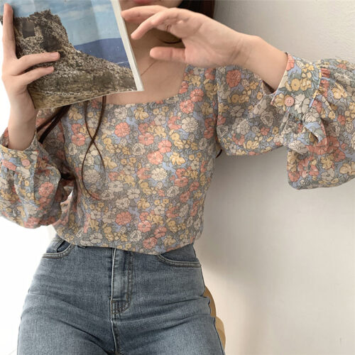 Spring / Autumn Square Collar Long Sleeves Floral Blouse - Image 4