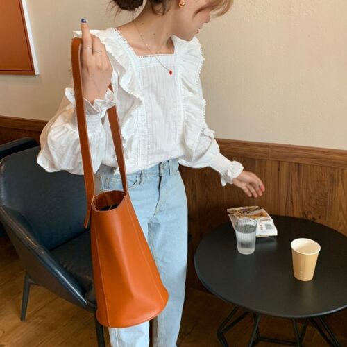 Spring / Autumn Korean Square Collar Lantern Sleeves Ruffles White Blouse - Image 3
