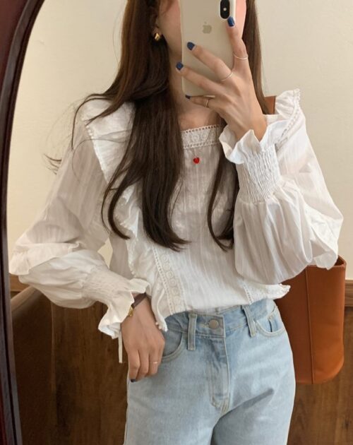 Square Collar Lantern Sleeves Ruffles White Blouse