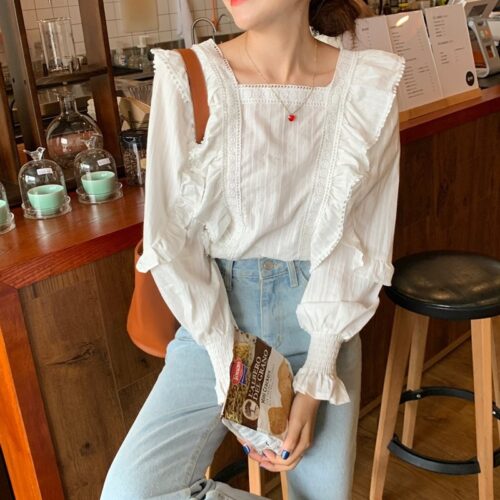 Spring / Autumn Korean Square Collar Lantern Sleeves Ruffles White Blouse - Image 6