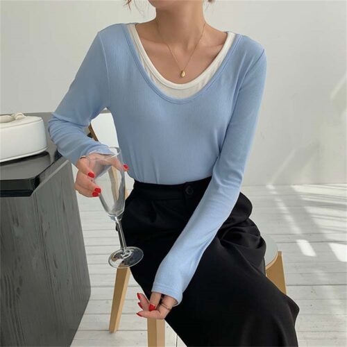 Spring / Autumn O-Neck Long Sleeves Fake Two-Piece Loose T-Shirt - Image 2