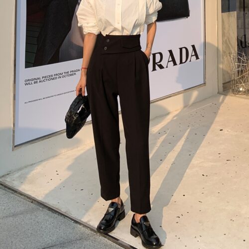 Autumn Korean High Waist Buttons Solid Harem Pants - Image 3