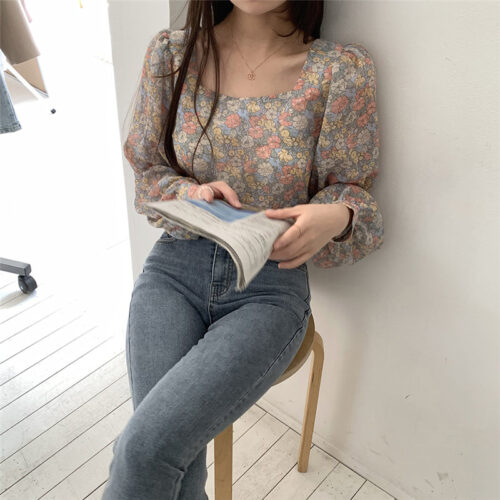 Spring / Autumn Square Collar Long Sleeves Floral Blouse - Image 6