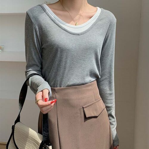 O-Neck Long Sleeves Fake Two-Piece Loose T-Shirt