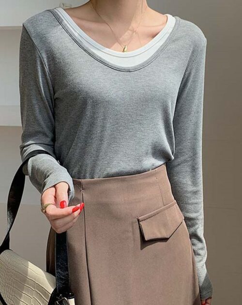 O-Neck Long Sleeves Fake Two-Piece Loose T-Shirt