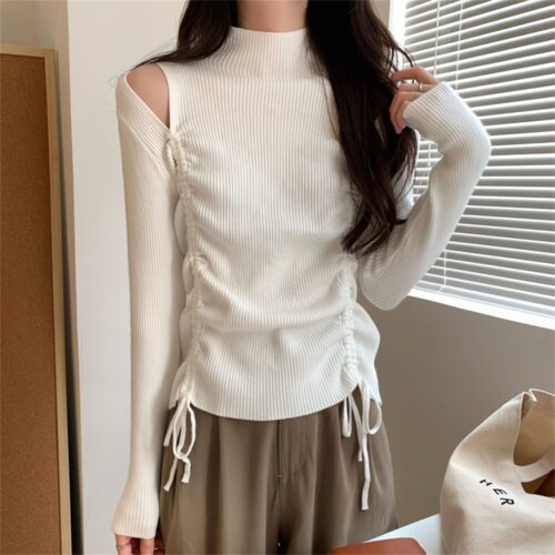 Spring / Autumn O-Neck Long Sleeves Cutout Drawstrings Sweater - Image 3