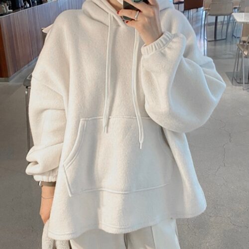 Winter Korean Plush Drawstrings Large Pocket Loose Size Hoodie - Image 2