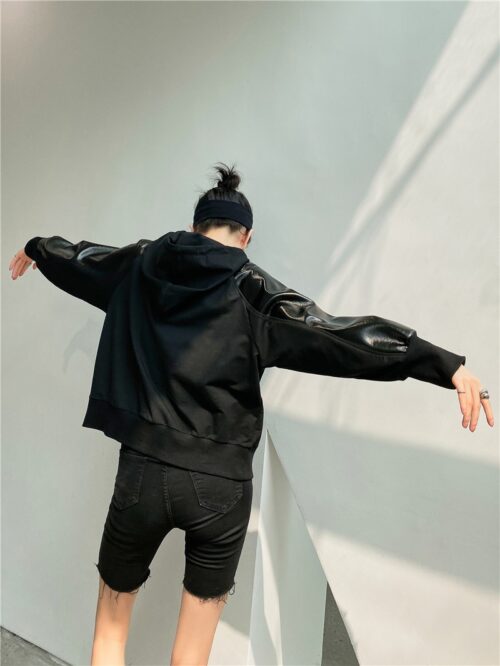 Autumn / Winter Leather Drawstrings Patchwork Pocket Hoodie - Image 3