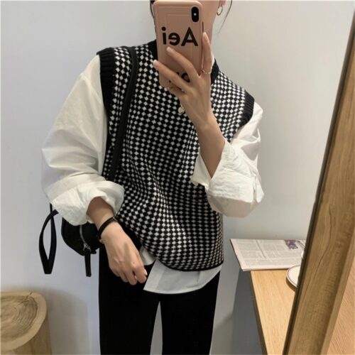 Autumn O-Neck Sleeveless Plaid Knitted Vest - Image 3