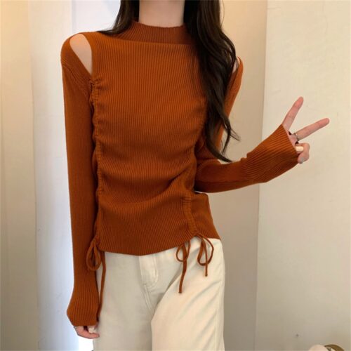 Spring / Autumn O-Neck Long Sleeves Cutout Drawstrings Sweater - Image 6