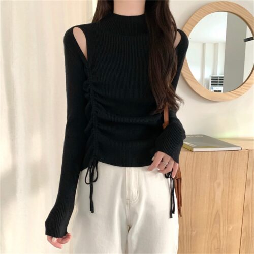 Spring / Autumn O-Neck Long Sleeves Cutout Drawstrings Sweater - Image 2