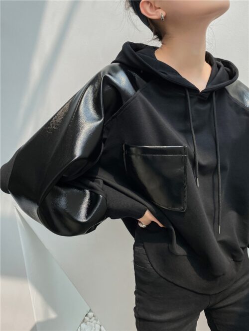 Autumn / Winter Leather Drawstrings Patchwork Pocket Hoodie - Image 4