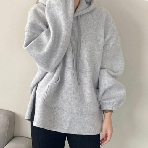 Winter Korean Plush Drawstrings Large Pocket Loose Size Hoodie - Image 4