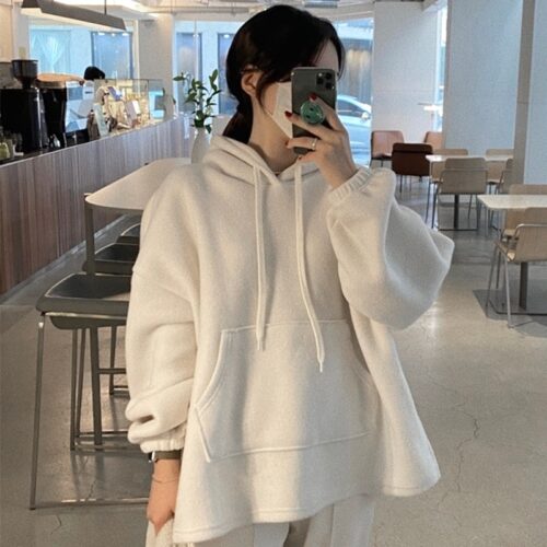 Winter Korean Plush Drawstrings Large Pocket Loose Size Hoodie - Image 3