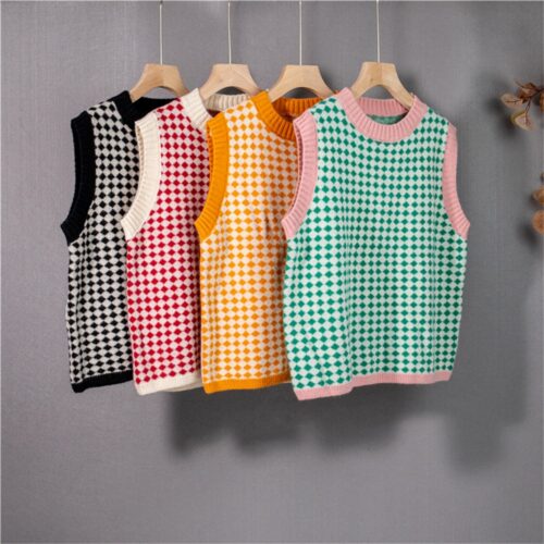 Autumn O-Neck Sleeveless Plaid Knitted Vest - Image 4