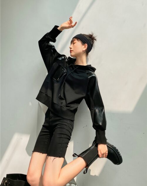 Leather Drawstrings Patchwork Pocket Hoodie