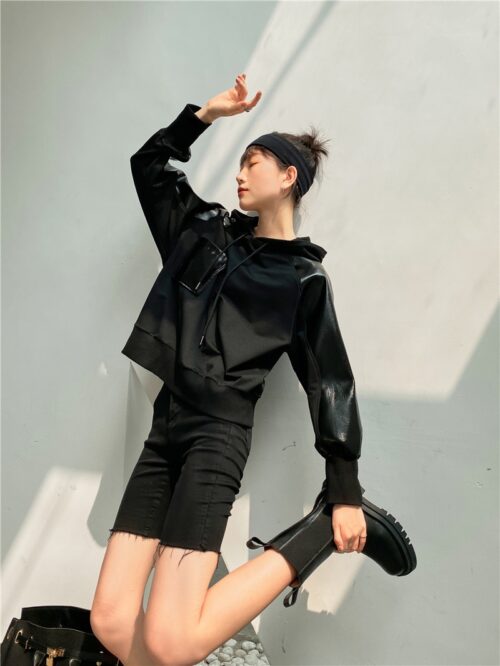 Leather Drawstrings Patchwork Pocket Hoodie
