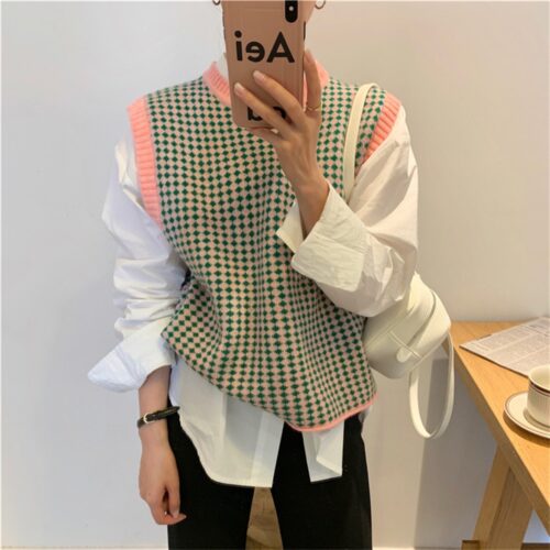 Autumn O-Neck Sleeveless Plaid Knitted Vest