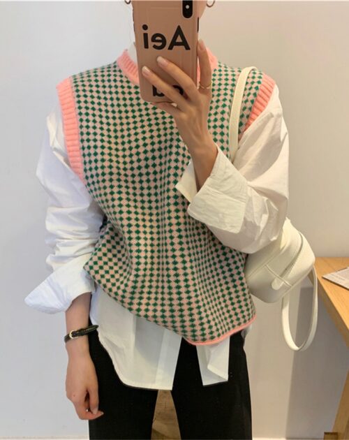 Autumn O-Neck Sleeveless Plaid Knitted Vest