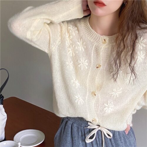 Spring / Autumn O-Neck Embroidered Knitted Cardigan - Image 5