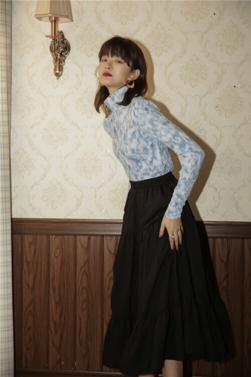 Turtleneck Long Sleeves Fleece Tie-Dye Crumple Bottoming Shirt