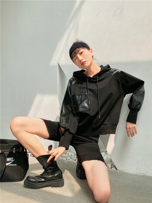 Autumn / Winter Leather Drawstrings Patchwork Pocket Hoodie - Image 2