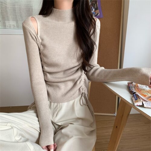 Spring / Autumn O-Neck Long Sleeves Cutout Drawstrings Sweater - Image 4