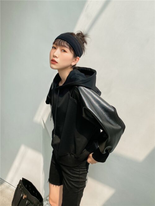 Autumn / Winter Leather Drawstrings Patchwork Pocket Hoodie - Image 5