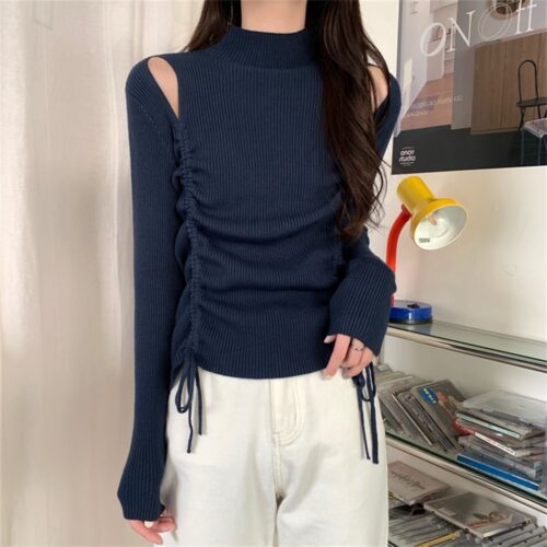 Spring / Autumn O-Neck Long Sleeves Cutout Drawstrings Sweater - Image 5