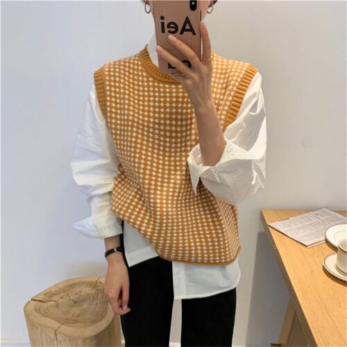 Autumn O-Neck Sleeveless Plaid Knitted Vest - Image 2