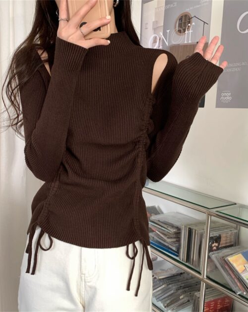 O-Neck Long Sleeves Cutout Drawstrings Sweater