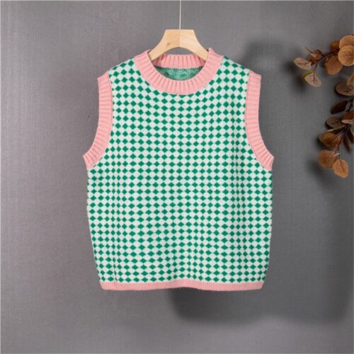 Autumn O-Neck Sleeveless Plaid Knitted Vest - Image 5