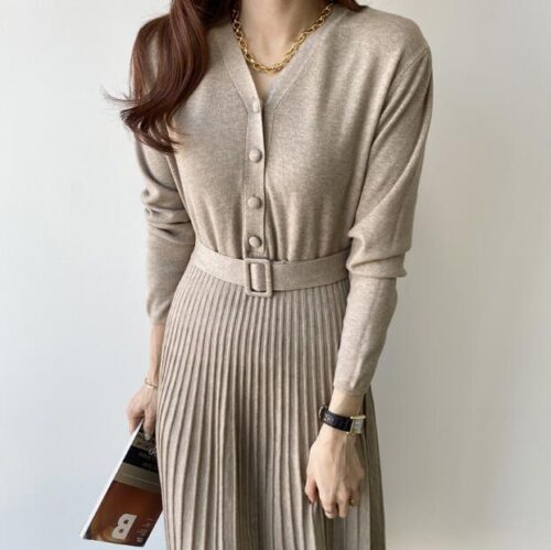Autumn V-Neck Long Sleeves Single-Breasted Thicken Knitted A-Line Midi Dress with Belt - Image 3