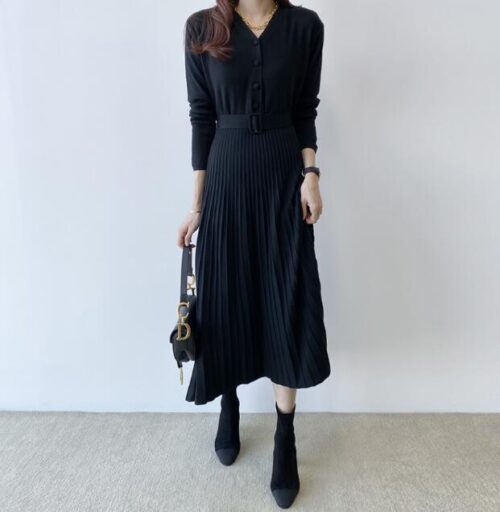Autumn V-Neck Long Sleeves Single-Breasted Thicken Knitted A-Line Midi Dress with Belt - Image 4