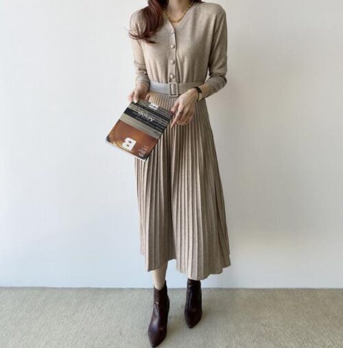 Autumn V-Neck Long Sleeves Single-Breasted Thicken Knitted A-Line Midi Dress with Belt - Image 2