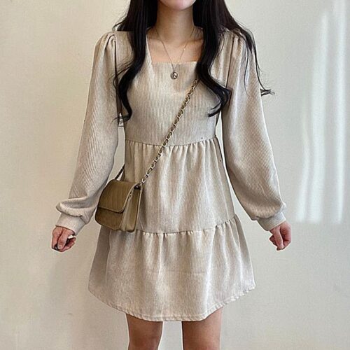 Autumn / Winter Square Collar Long Sleeves Corduroy A-Line Mini Dress - Image 3