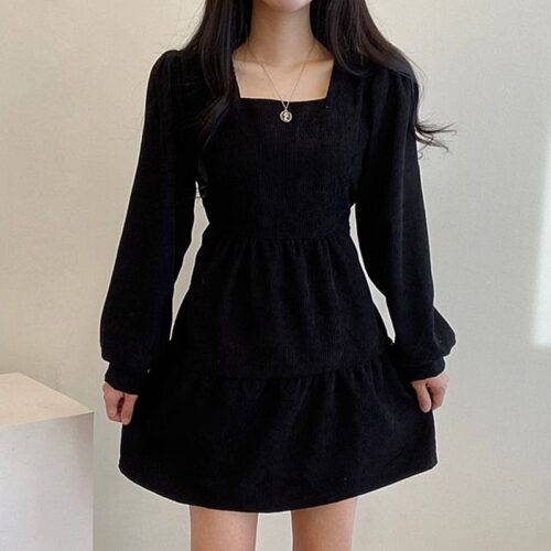 Autumn / Winter Square Collar Long Sleeves Corduroy A-Line Mini Dress - Image 2