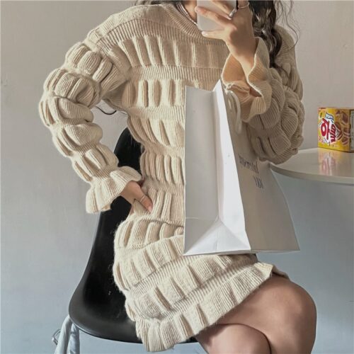 Winter Korean O-Neck Long Flare Sleeves Ruched A-Line Knitted Mini Dress - Image 4