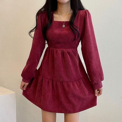 Square Collar Long Sleeves Corduroy A-Line Mini Dress
