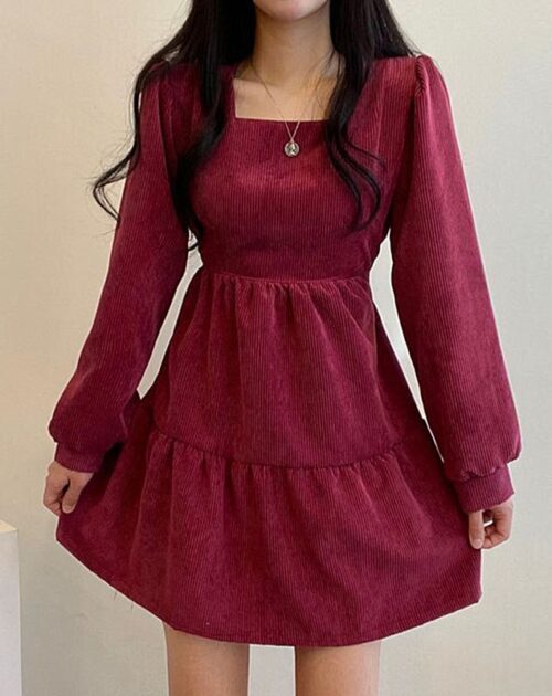 Square Collar Long Sleeves Corduroy A-Line Mini Dress