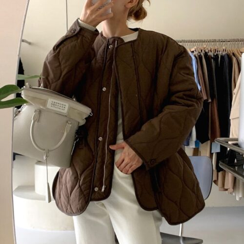 Winter Long Sleeves Solid Thick Warm Loose Pockets Quilted Jacket - Image 2
