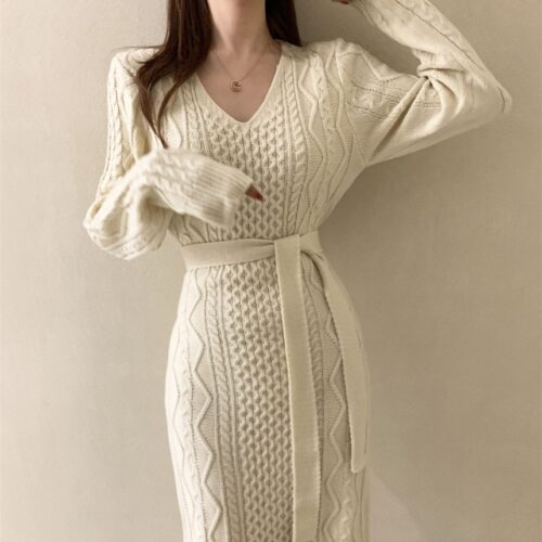 V-Neck Long Sleeves Twist Solid Knitted Midi Dress